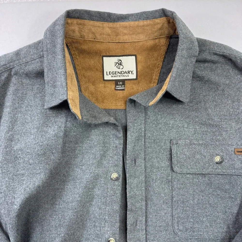 Legendary Whitetails Mens Gray Cotton Flannel Shirt Corduroy Trim LG POLW-6692 - Picture 2 of 10